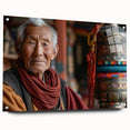 Large abstract wall art of an Asian Bhutan scenery on acrylic glass, in muted earth tones, ideal for dining room decor.