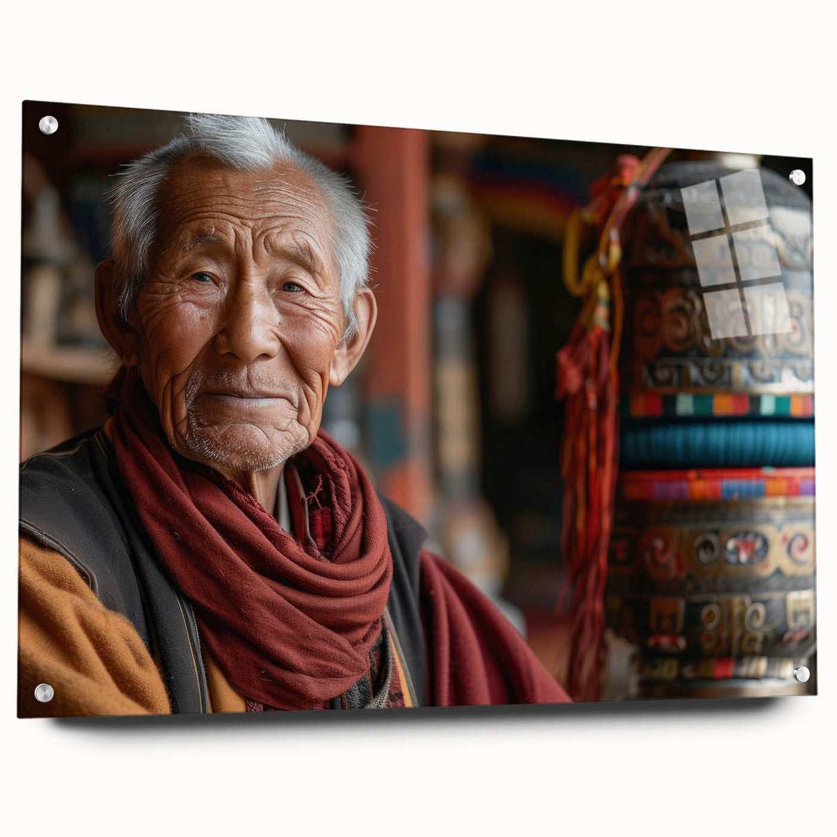 Large abstract wall art of an Asian Bhutan scenery on acrylic glass, in muted earth tones, ideal for dining room decor.