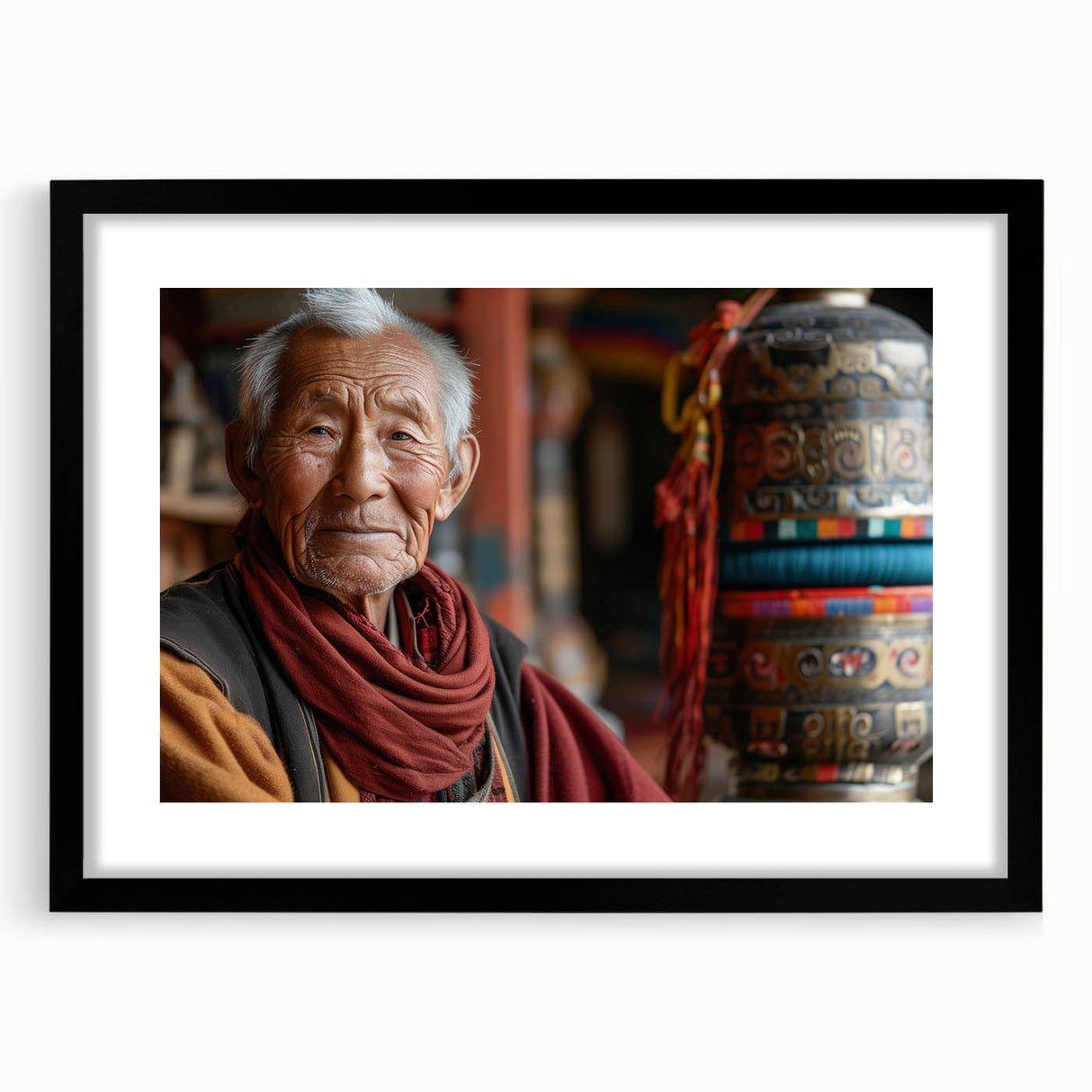 Extra large abstract art print featuring a colorful, textured scenery of Bhutan on a framed black canvas.