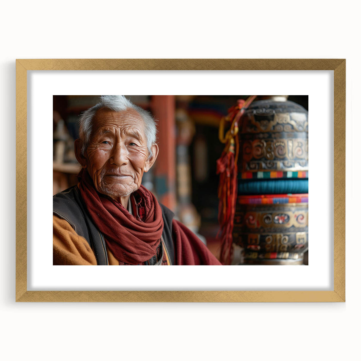 Extra large abstract art print featuring textured scenery of Bhutan in a gold frame, suitable for living room decor.