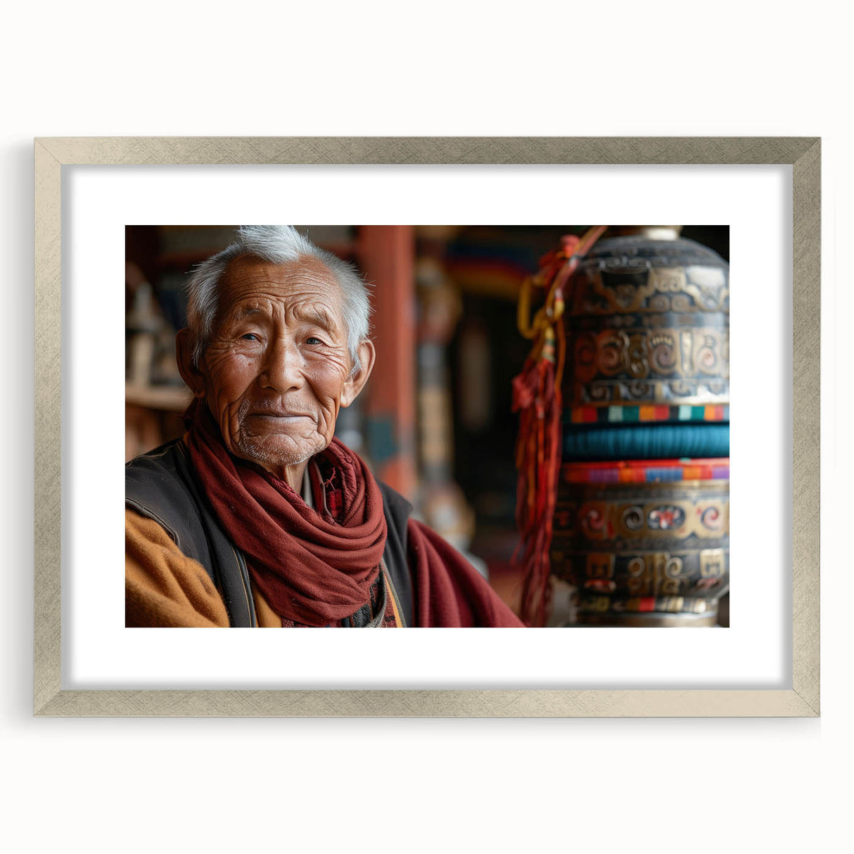 Textured abstract art print of an Asian scenery in Bhutan, featuring muted earth tones on a framed silver mat.