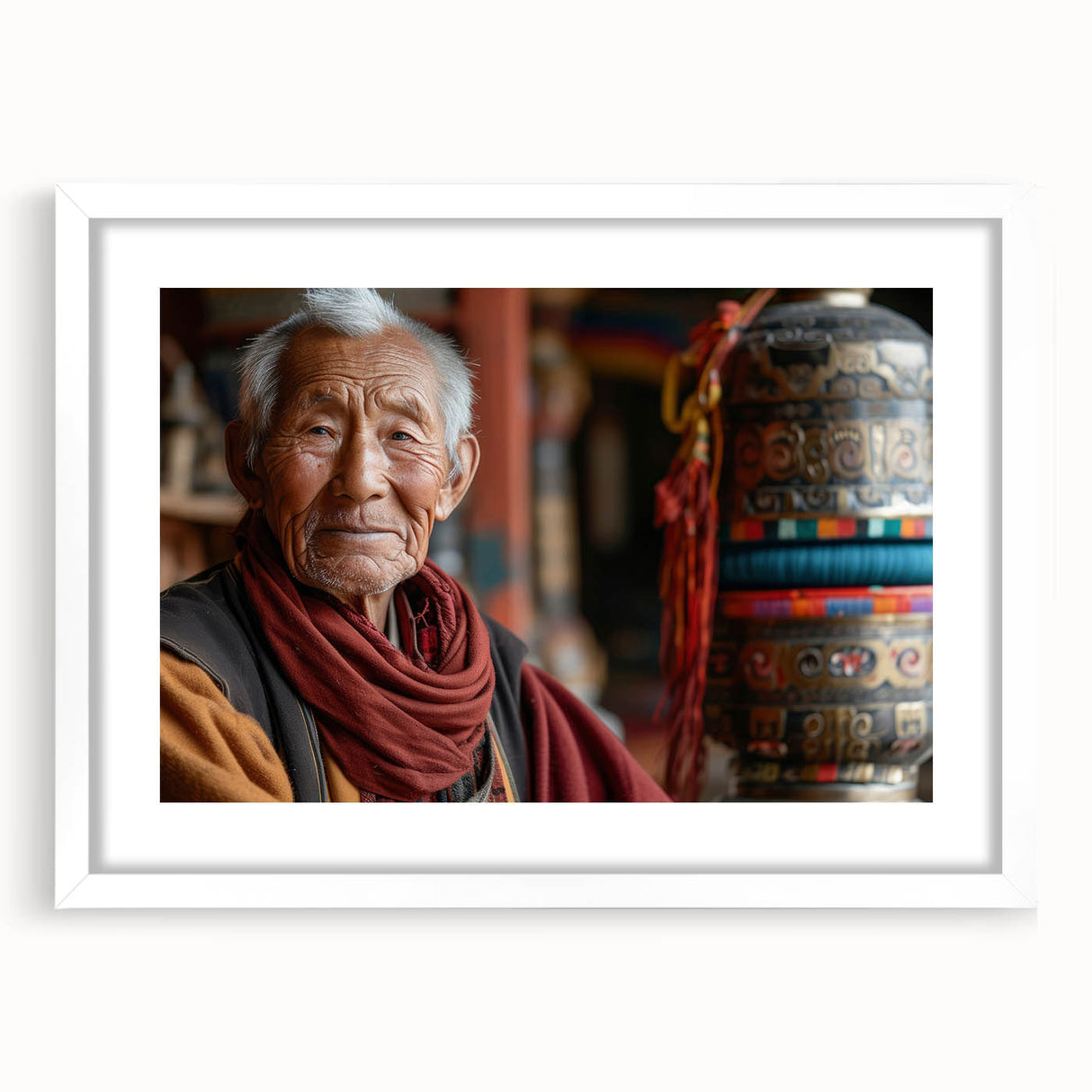 Abstract art print of a Bhutanese landscape in muted earth tones on a framed canvas.