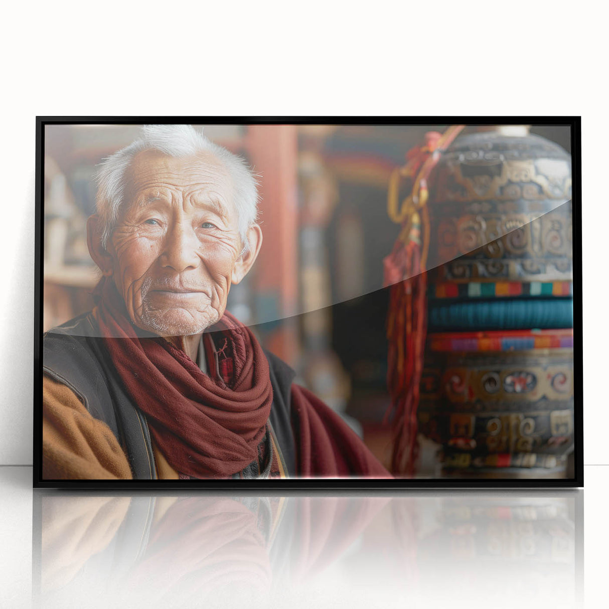 Large abstract wall art depicting a scenic Bhutan landscape in muted earth tones, framed in black acrylic.