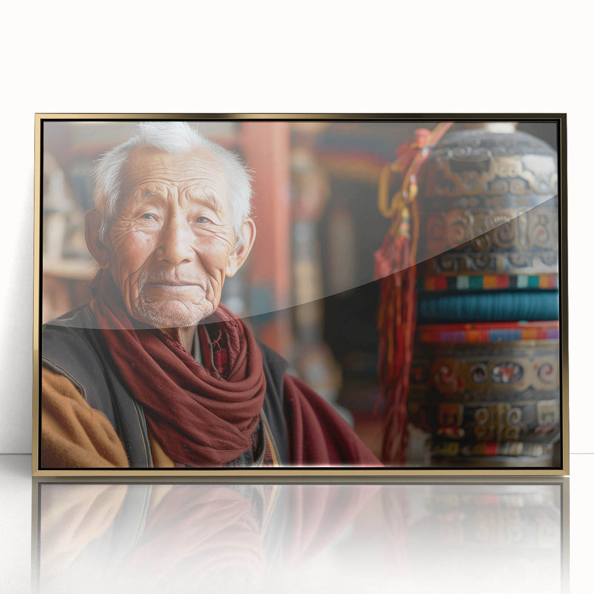 Large art print of a Bhutanese landscape in gold frame, acrylic, with mid-century modernist style.