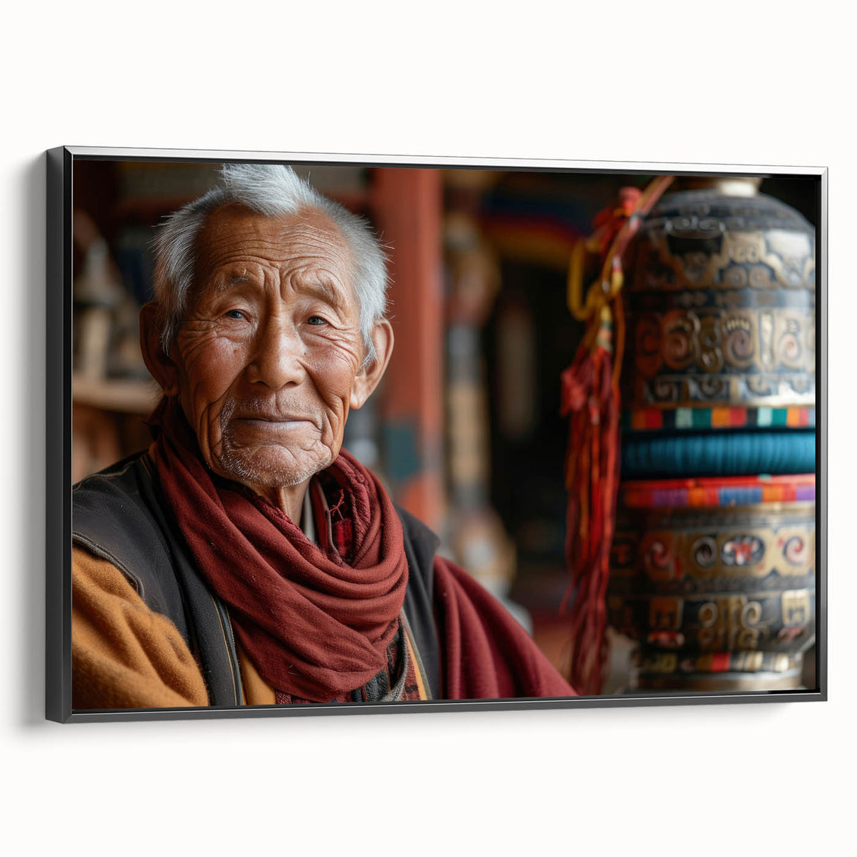 Black and white wall art depicting a serene Bhutanese landscape on framed canvas, ideal for bedroom decor.