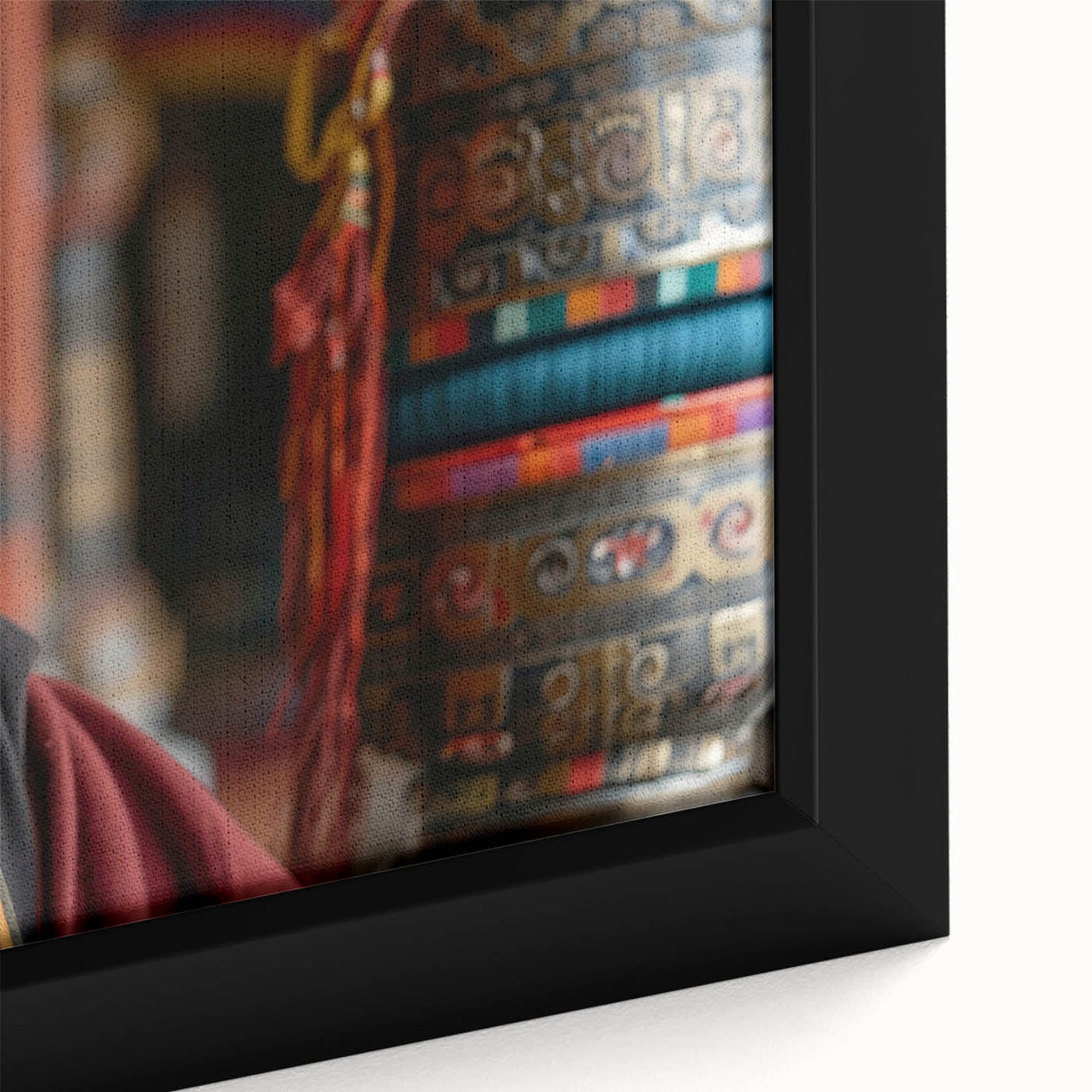 Extra large framed canvas featuring a textured black wall art with colorful, intricate Asian scenery.