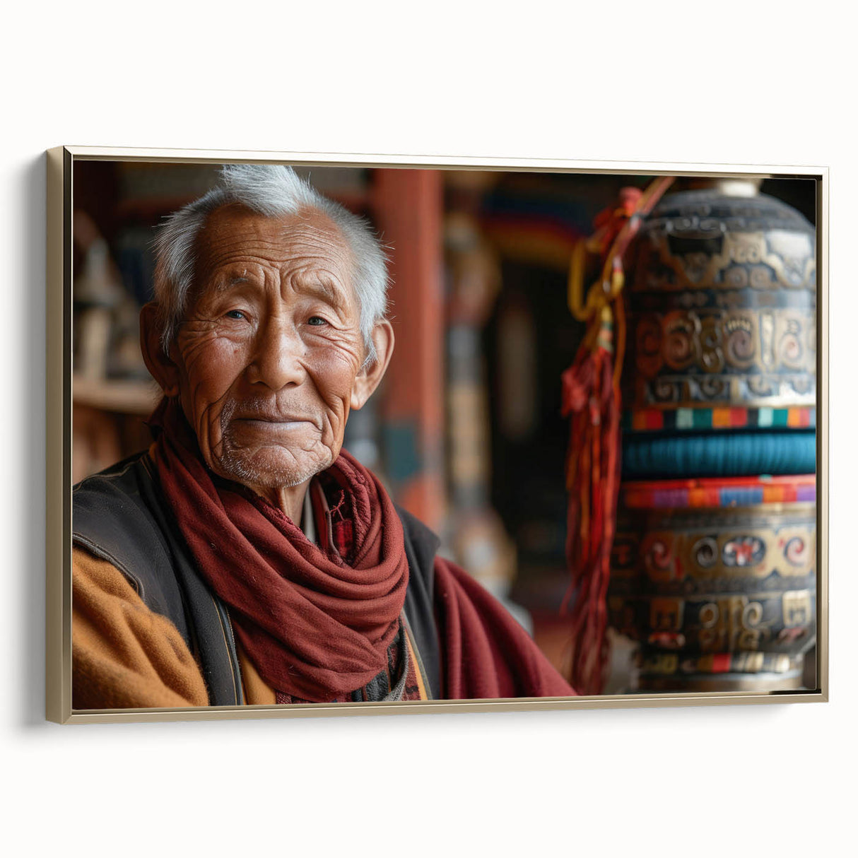 Framed canvas wall art featuring a vintage-style landscape painting of Bhutan in muted gold and black tones.