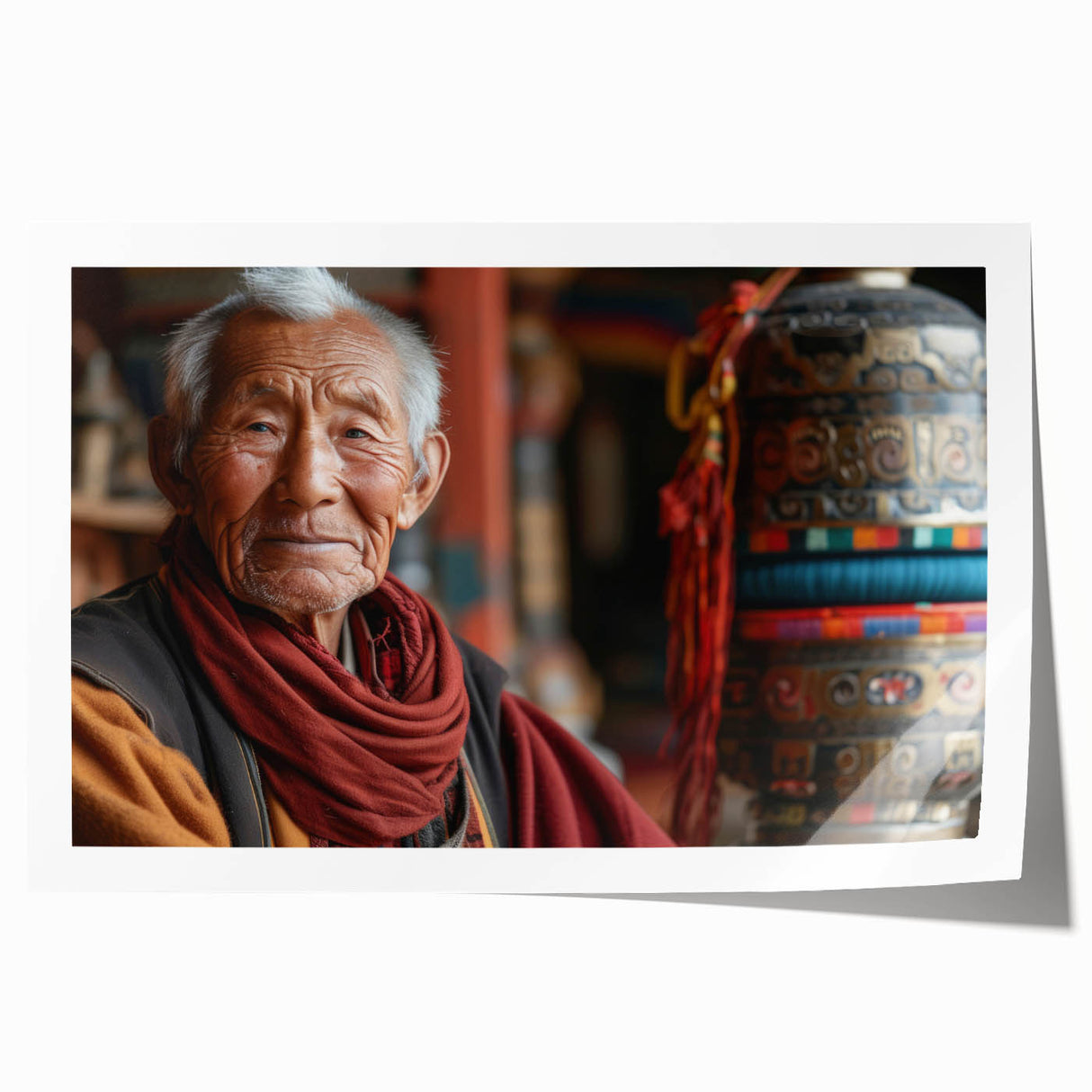 Extra large rolled print of a Bhutanese landscape with vibrant floral elements, ideal for art wall dining room.