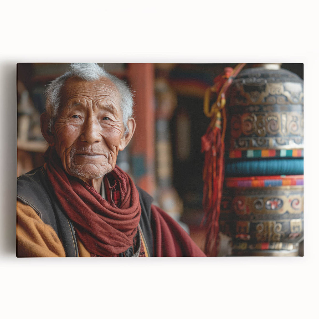 Black and white photograph of Bhutanese landscape on large stretched canvas, suitable for kitchen wall art.