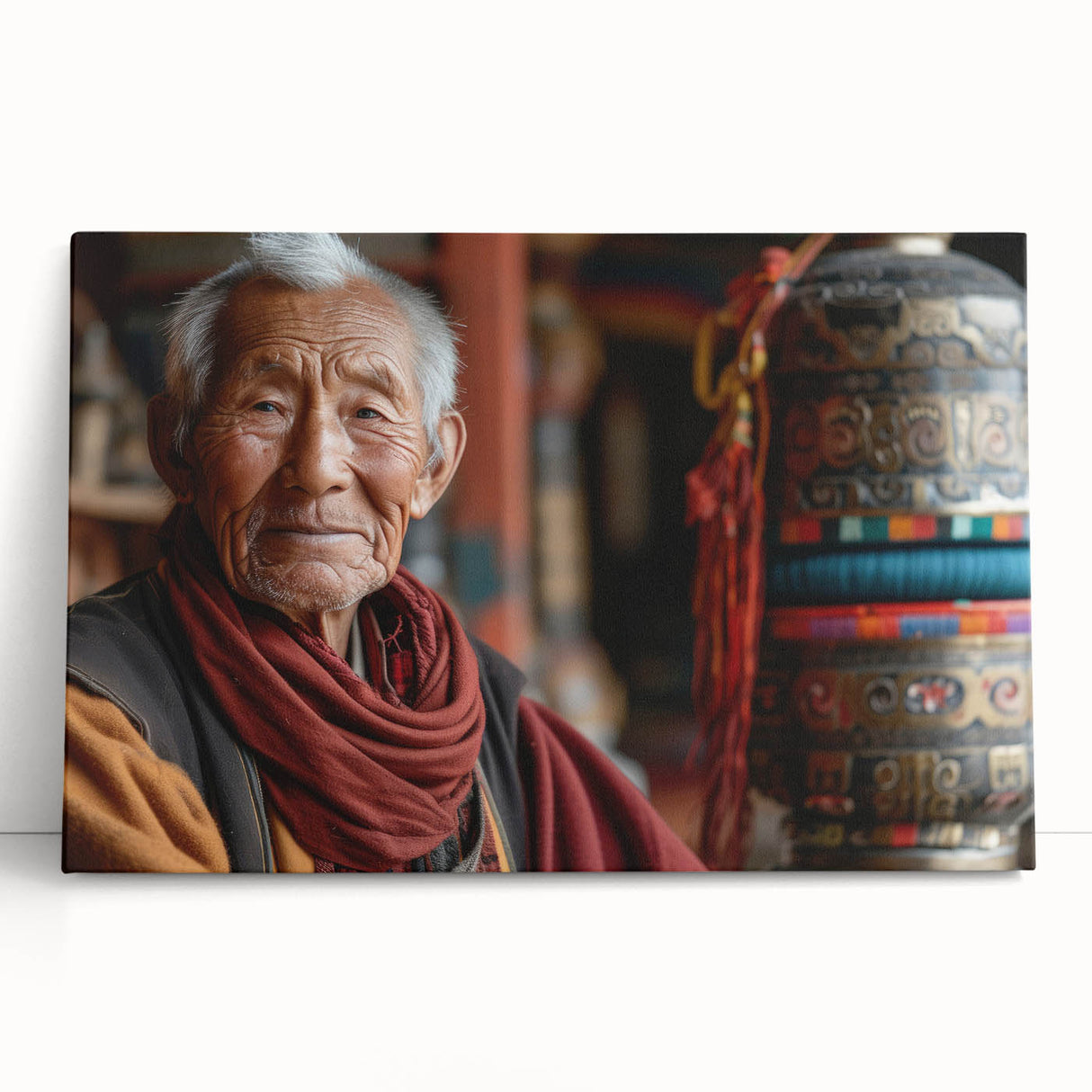 Black and white photograph of a serene Bhutanese landscape on stretched canvas.