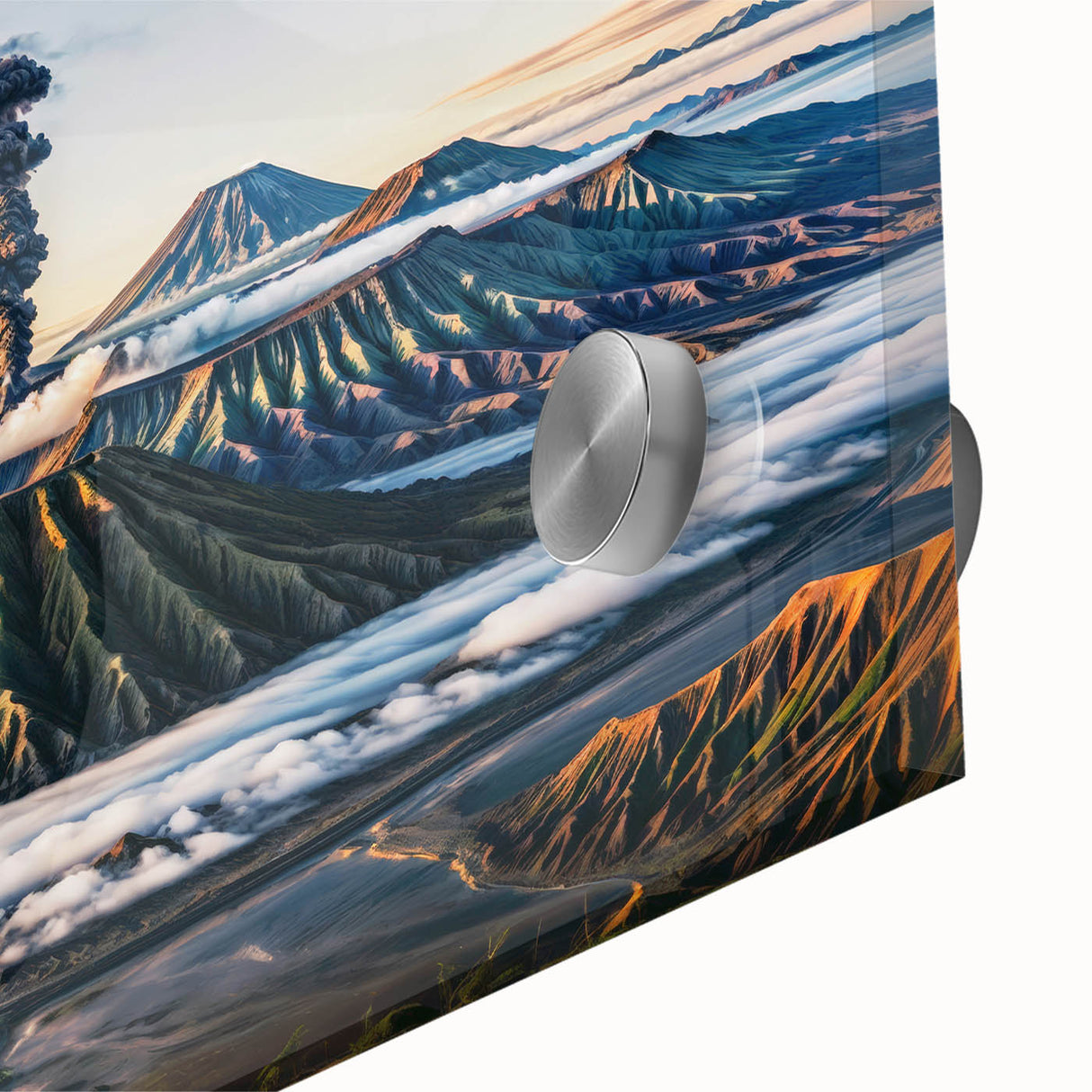 Large abstract wall art depicting Indonesian scenery in earthy tones on acrylic glass, suitable for dining room ambiance.