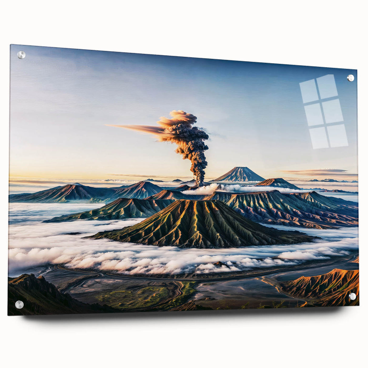 Acrylic glass print of an Indonesian landscape in muted earth tones, ideal for dining room or bedroom decor.