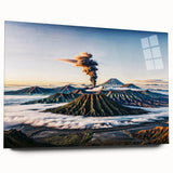 Large abstract wall art depicting a serene Indonesian landscape in muted earth tones on acrylic glass.