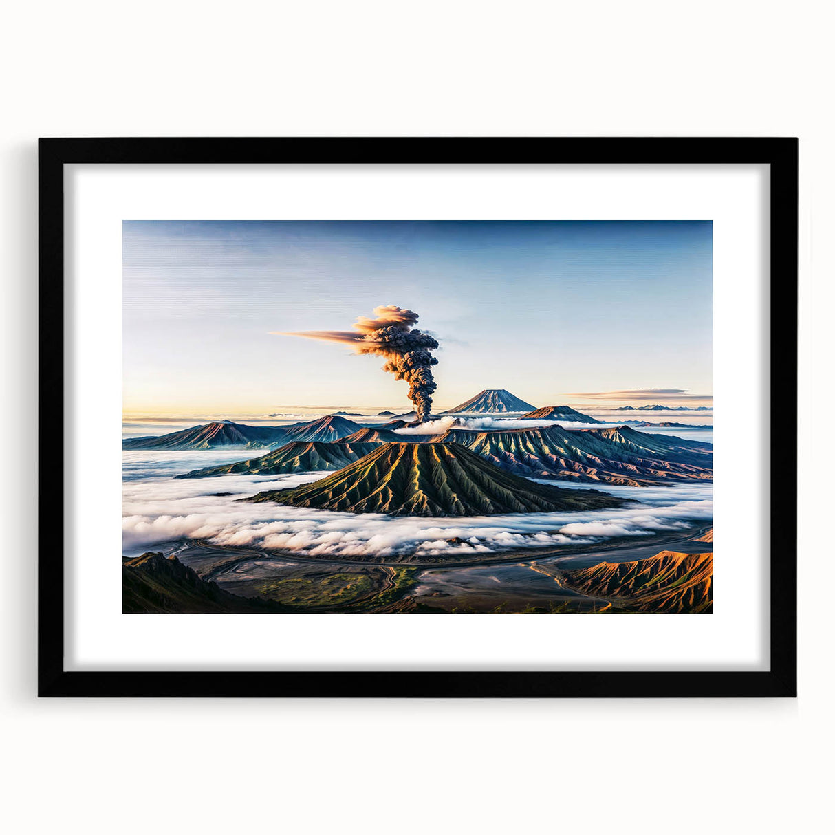 Extra large abstract art print featuring textured, colorful scenery of an Indonesian landscape on a framed canvas.