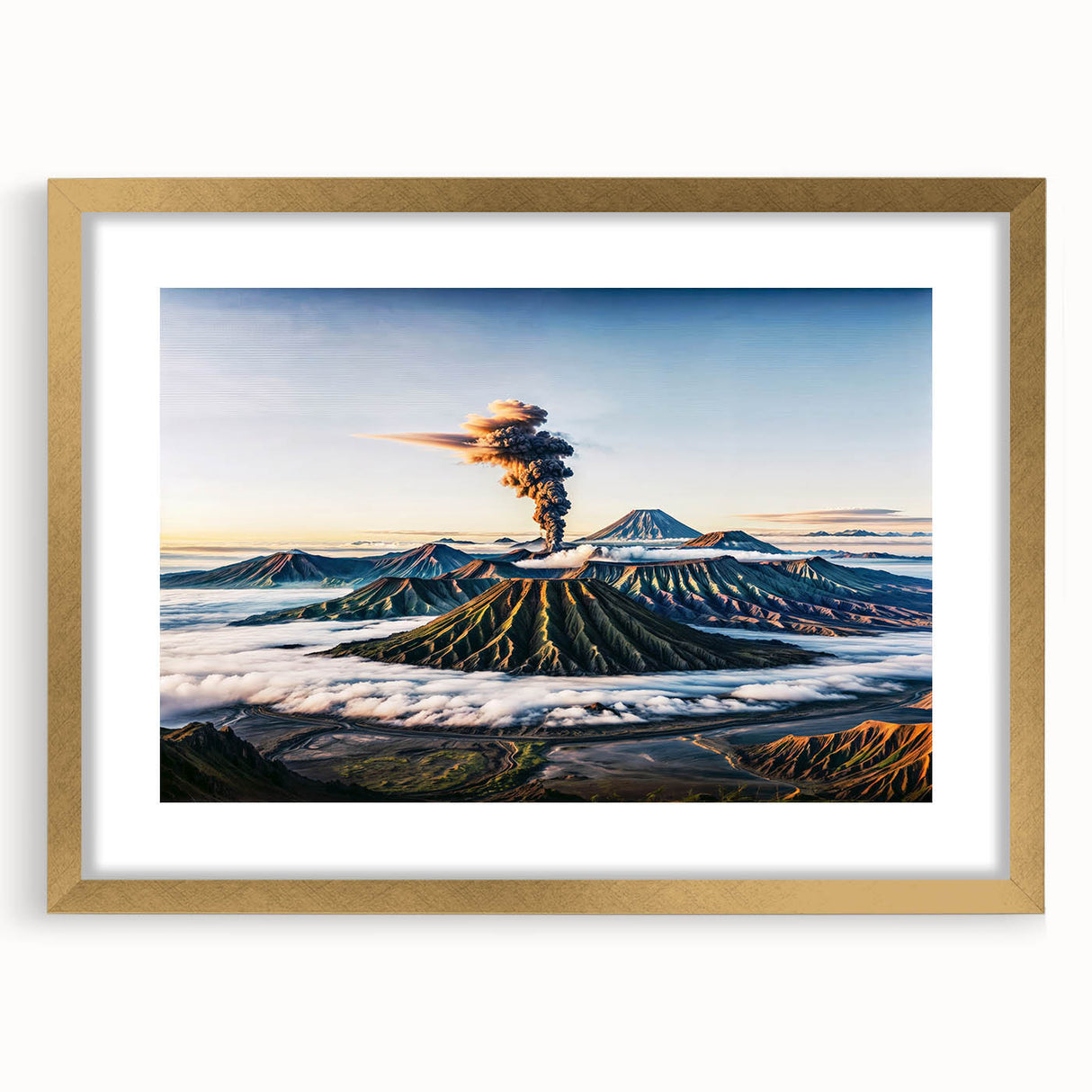 Extra large abstract art print depicting a textured Indonesian landscape in muted earth tones, framed in gold.