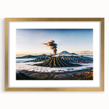 Extra large abstract art print depicting a textured Indonesian landscape in muted earth tones, framed in gold.