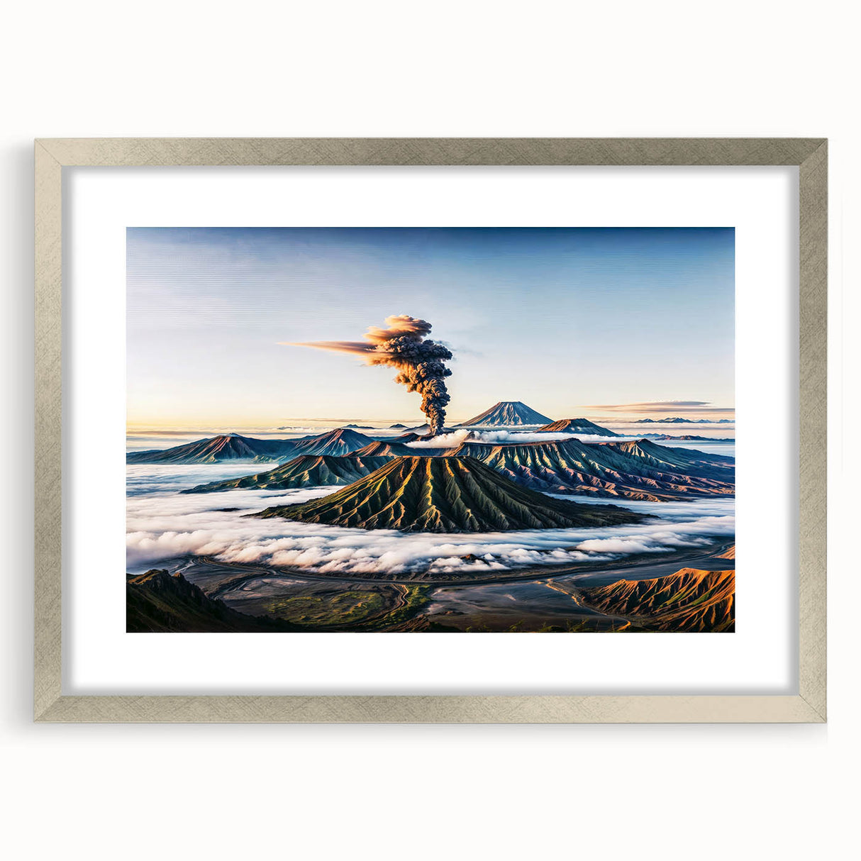 Textured abstract art print depicting an Indonesian landscape in earth tones on a framed canvas, suitable for bedroom decor.