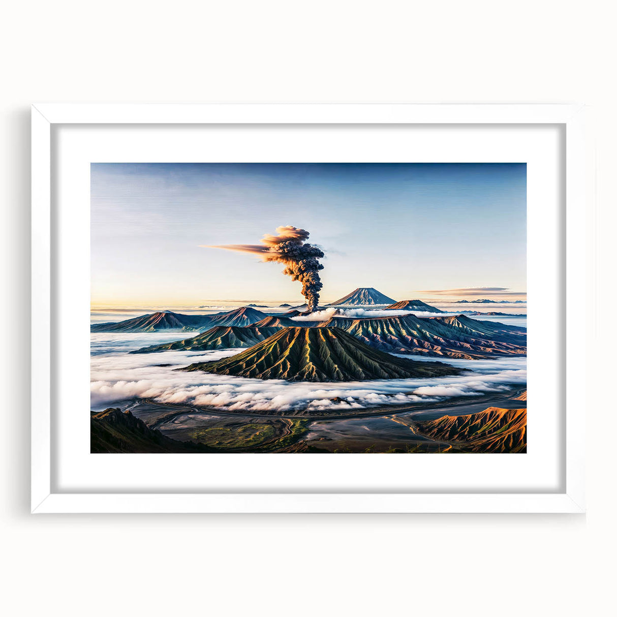 Abstract art print of a serene Indonesian landscape in muted green and blue tones, framed with a white mat.