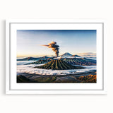 Abstract art print of a serene Indonesian landscape in muted green and blue tones, framed with a white mat.