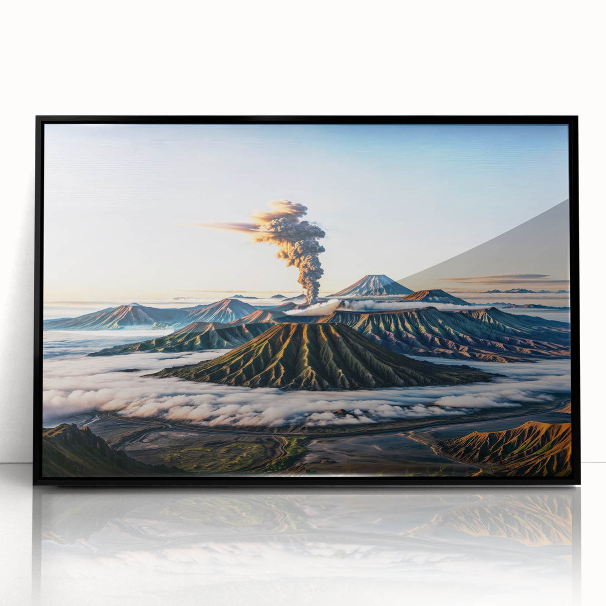 Large abstract wall art depicting an Indonesian landscape in muted earth tones on a framed acrylic.
