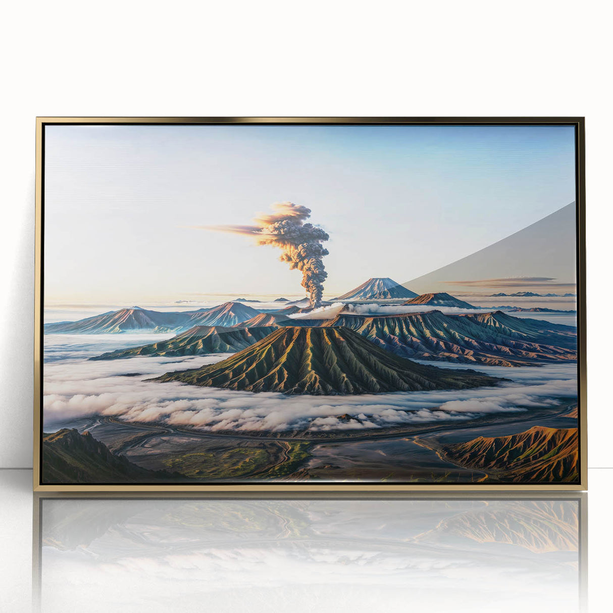 Mid-century modernist acrylic print of Indonesian scenery in gold frame, ideal for modern art wall decor.