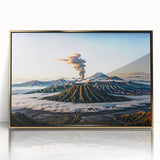 Mid-century modernist acrylic print of Indonesian scenery in gold frame, ideal for modern art wall decor.