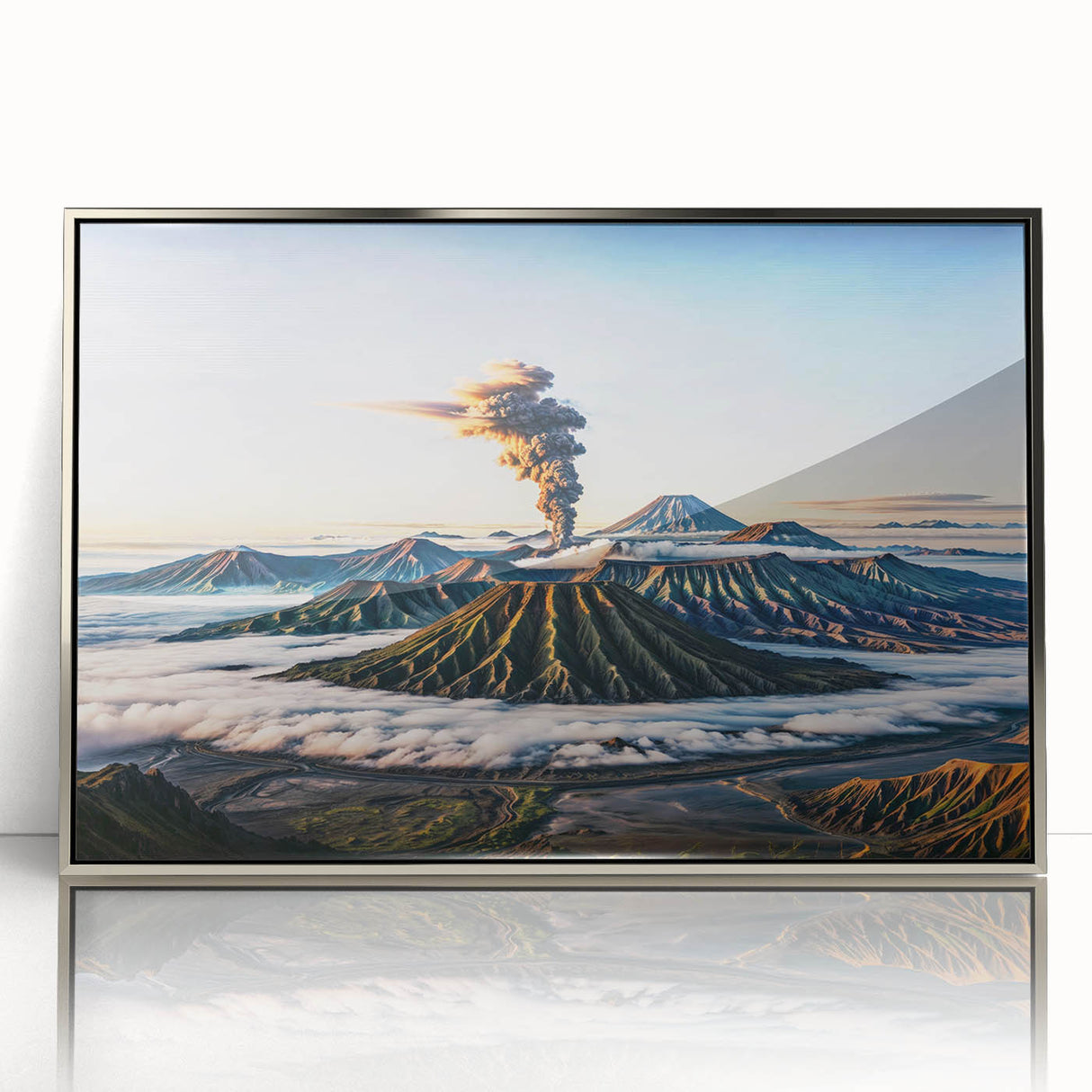Mid-century modernist art depicting a serene Indonesian landscape in muted earth tones, acrylic print framed in silver.