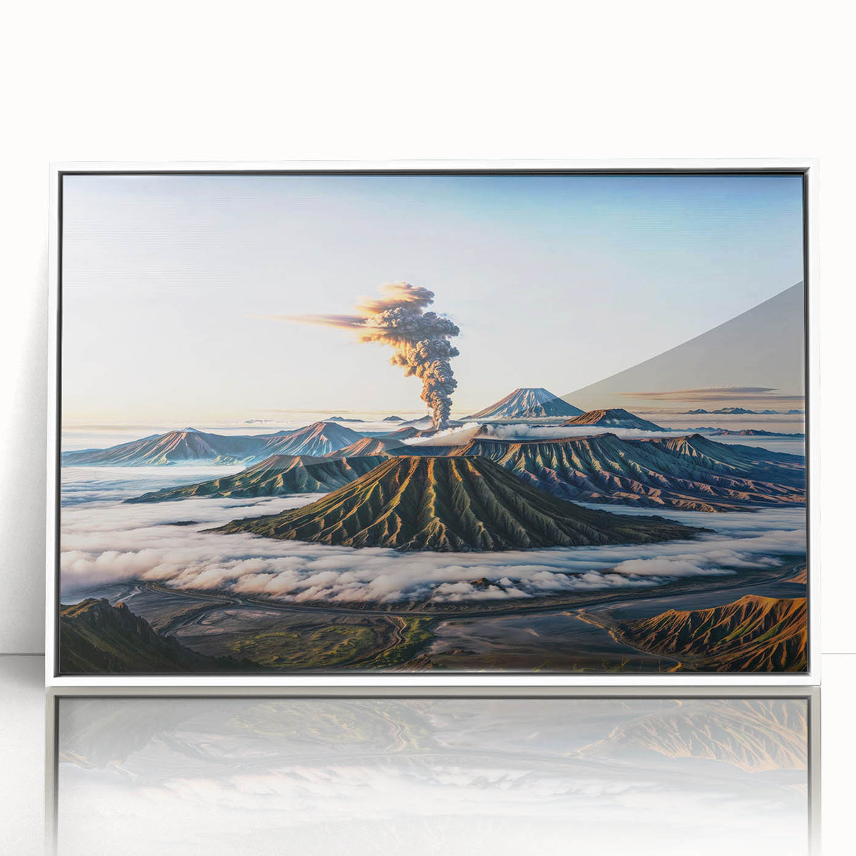 Acrylic print of a serene Indonesian landscape in muted greens and blues, framed in white.