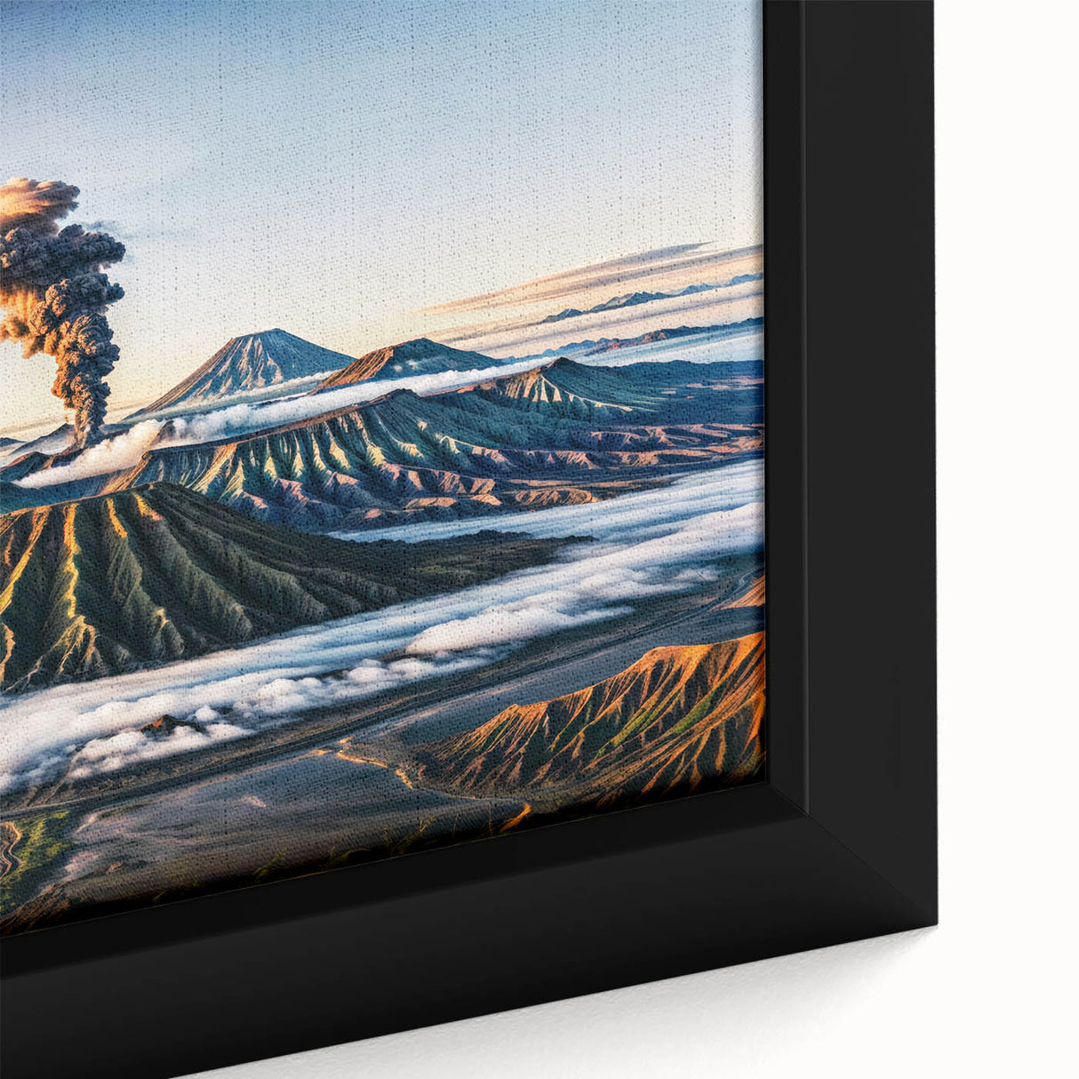 Close-up of black wall art featuring a colorful, textured Indonesian landscape on a framed canvas.