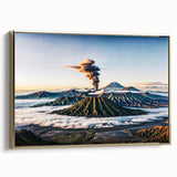 Framed canvas depicting a vintage-style Indonesian landscape in muted gold and black, ideal for bedroom wall decor.