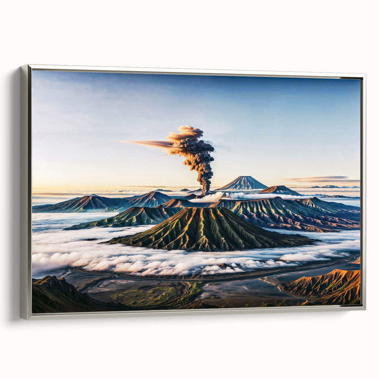 Framed canvas depicting a vintage-style Indonesian landscape in vibrant colors.
