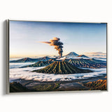 Framed canvas depicting a vintage-style Indonesian landscape in vibrant colors.