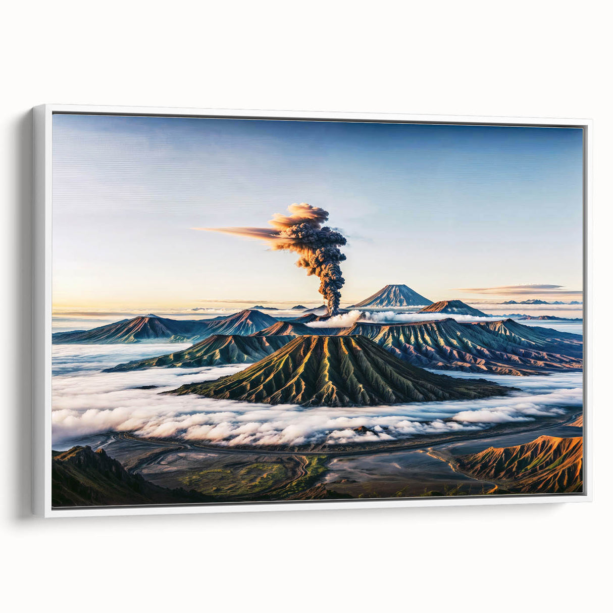 Vintage poster art of an Indonesian landscape in colorful tones on a large framed canvas, suitable for living room decor.