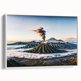 Vintage poster art of an Indonesian landscape in colorful tones on a large framed canvas, suitable for living room decor.