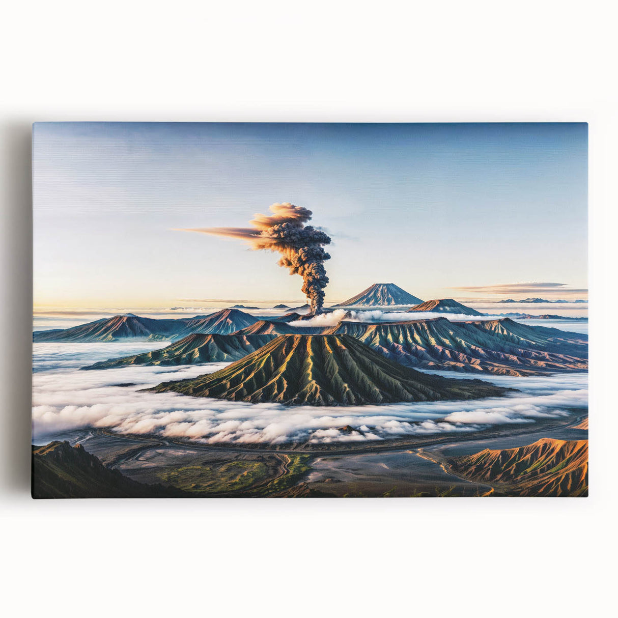 Black and white photographic print of an Indonesian landscape on stretched canvas, ideal for kitchen wall art.