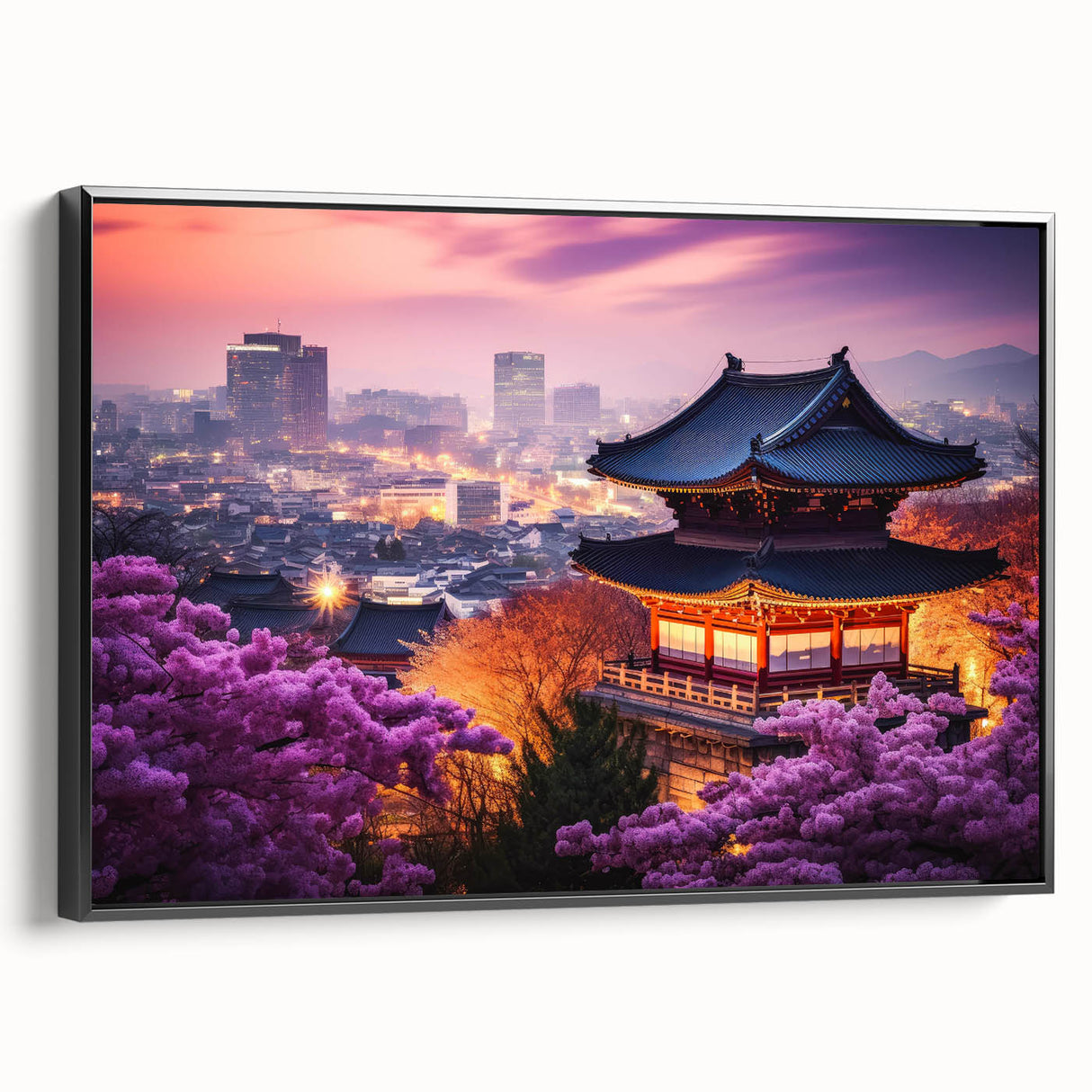 Black and white framed canvas depicting a vintage Korean landscape, ideal for bedroom wall art.