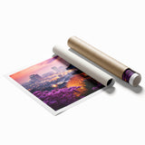 Extra large rolled print of a serene Korean landscape with soft floral elements in muted green and pink tones.