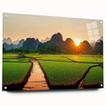 Acrylic print of a Laos landscape in muted green and blue tones, ideal for dining room decor.