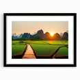 Extra large abstract art print of a colorful, textured Laos scenery on a black framed canvas, ideal for living room decor.