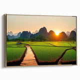 Framed canvas featuring a vintage-style Laos landscape in muted gold and black tones, ideal for bedroom wall decor.