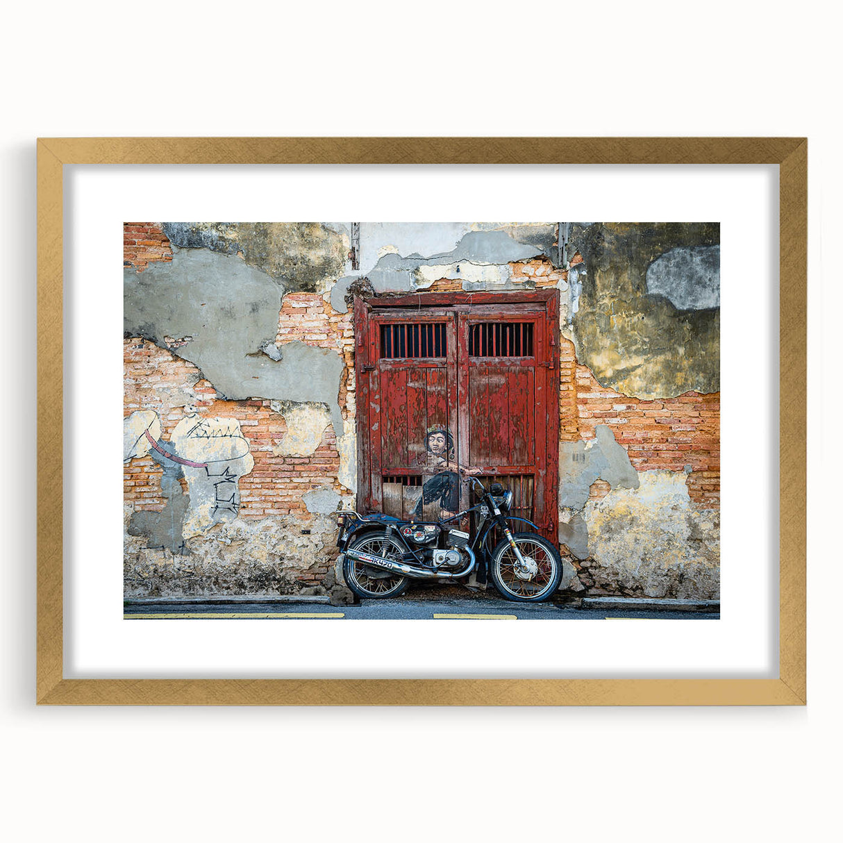 Extra large wall art featuring an abstract depiction of a Malaysian landscape in textured gold tones, framed with a mat.