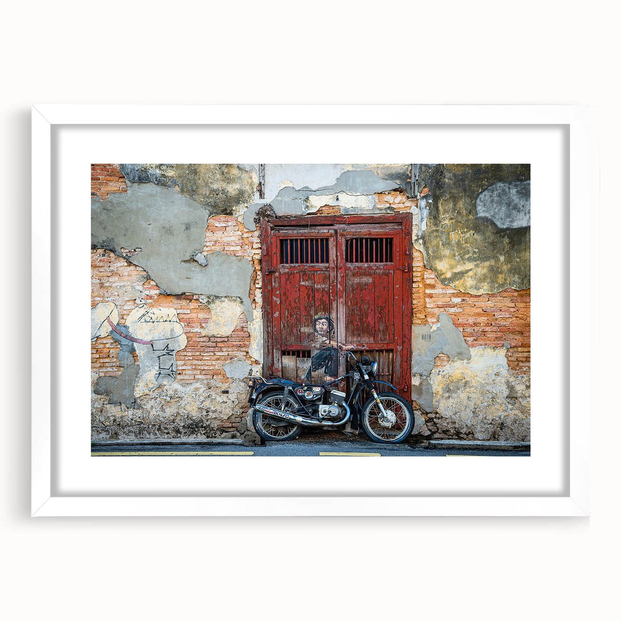 Abstract art print depicting a Malaysian landscape in muted earth tones on a framed white canvas.