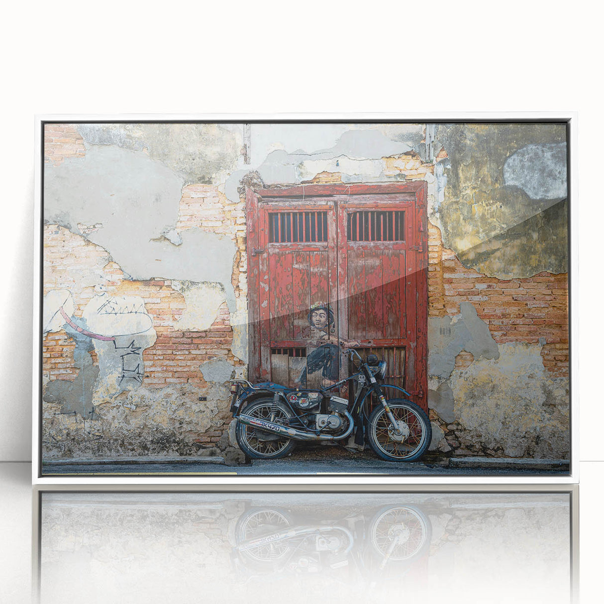 Modern art wall decor featuring a tranquil Malaysian landscape in muted green and blue tones, acrylic print framed in white.