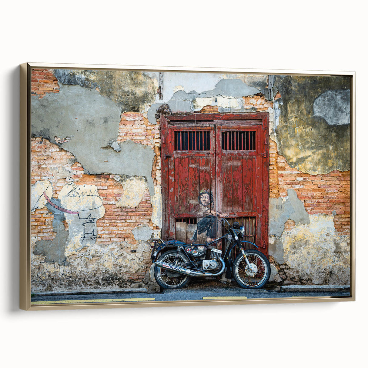 Framed canvas depicting a vintage-style Malaysian landscape in black and gold tones, ideal for bedroom wall art.