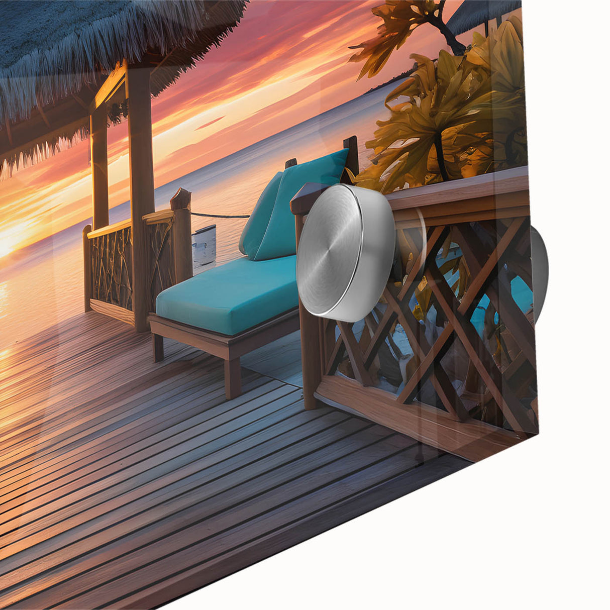 Large abstract wall art of Maldives scenery on acrylic glass, featuring blue ocean tones, ideal for dining room ambiance.