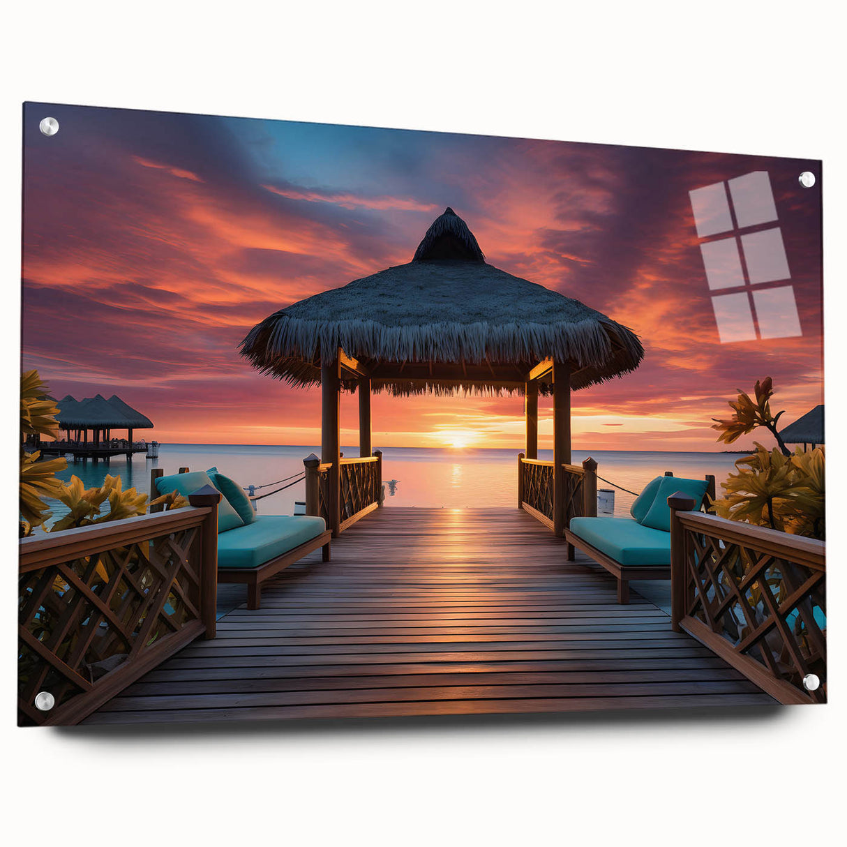 Acrylic print of Maldives scenery with vivid blue and turquoise tones, ideal for bedroom or dining room decor.