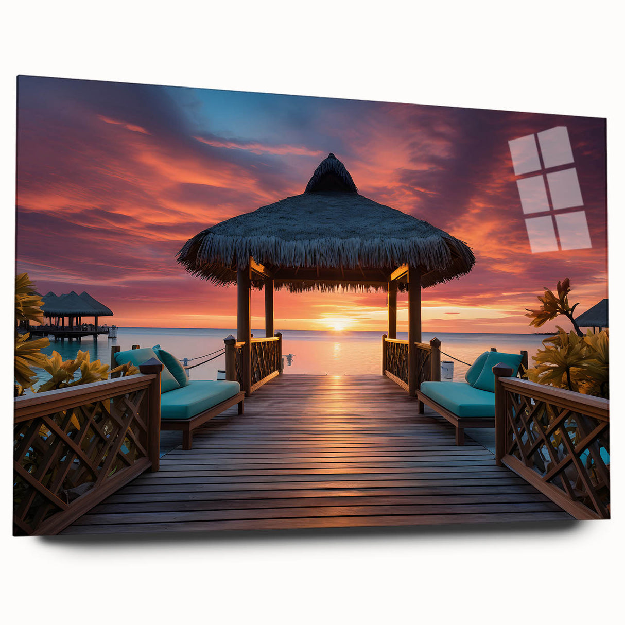 Large abstract wall art of a serene Maldivian beach on acrylic glass, with muted blue and white tones.