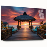 Large abstract wall art of a serene Maldivian beach on acrylic glass, with muted blue and white tones.