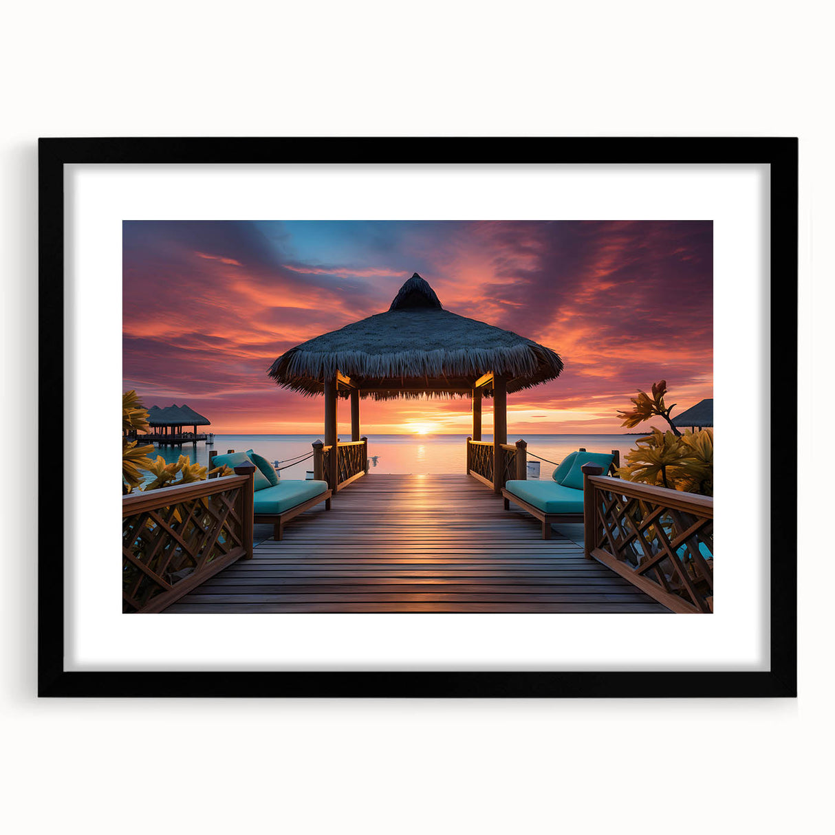 Extra large abstract art print of the Maldives in vibrant colors on a textured canvas, framed in black.