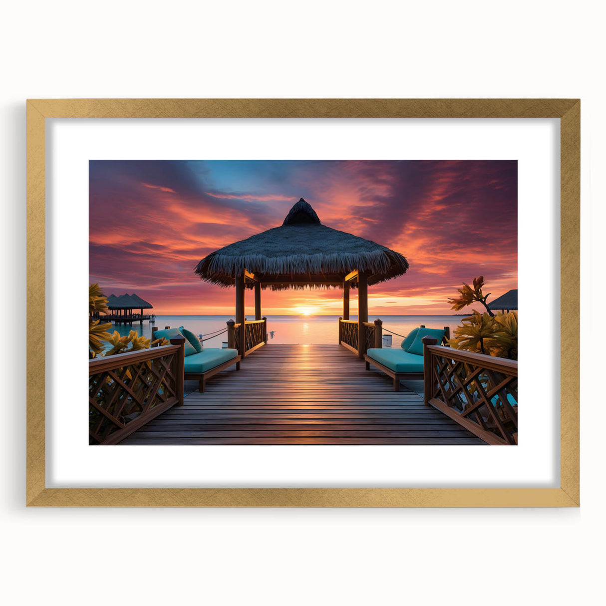 Extra large abstract art print of Maldivian scenery in gold frame, featuring textured blues and greens.